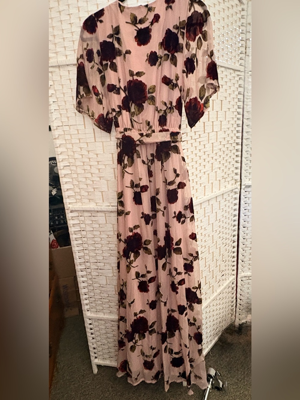Baltic Born Parisian Velvet Blush Pink Floral Wrap Maxi Dress with Wine Blooms - Picture 4 of 9